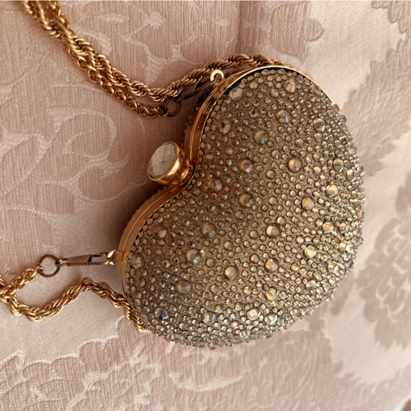 Gold Crystal Embellished Heart Clutch - Picture 6 of 9